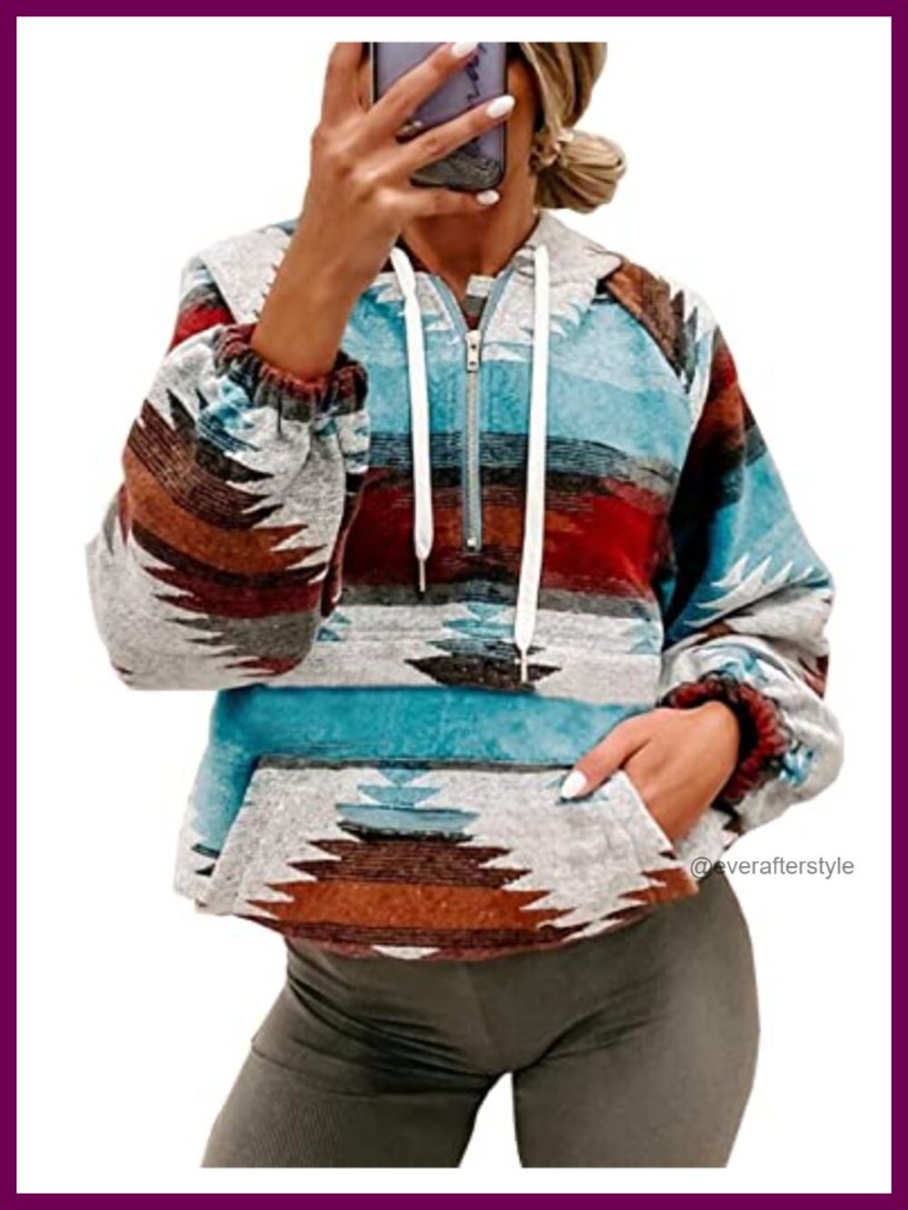Women's Aztec Print Western Ethnic Half Zip Hoodie Loose Fit Pullover Sweatshirt